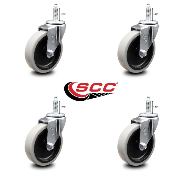 4 Inch Thermoplastic Rubber Wheel 3/8 Inch Threaded Stem Caster SCC, 4PK